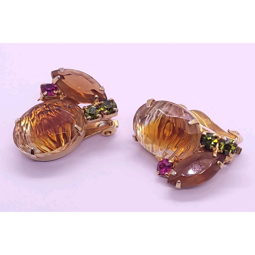 Vintage Juliana D&E Rhinestone Clip-On Earrings Amber Green Fuchsia Statement